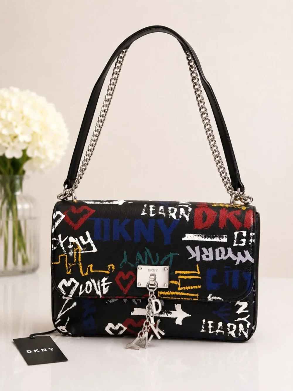 DKNY Cleo Medium Graffiti Crossbody Shoulder Bag Black Multi Logo Chain NWT $230